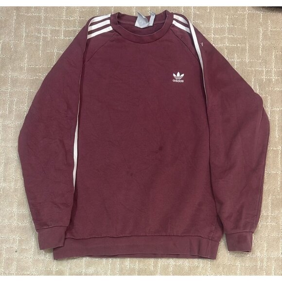 Adidas 3 Stripe Sweatshirt Mens L Maroon Burgundy Crewneck Trefoil Logo Fleece - Picture 1 of 4